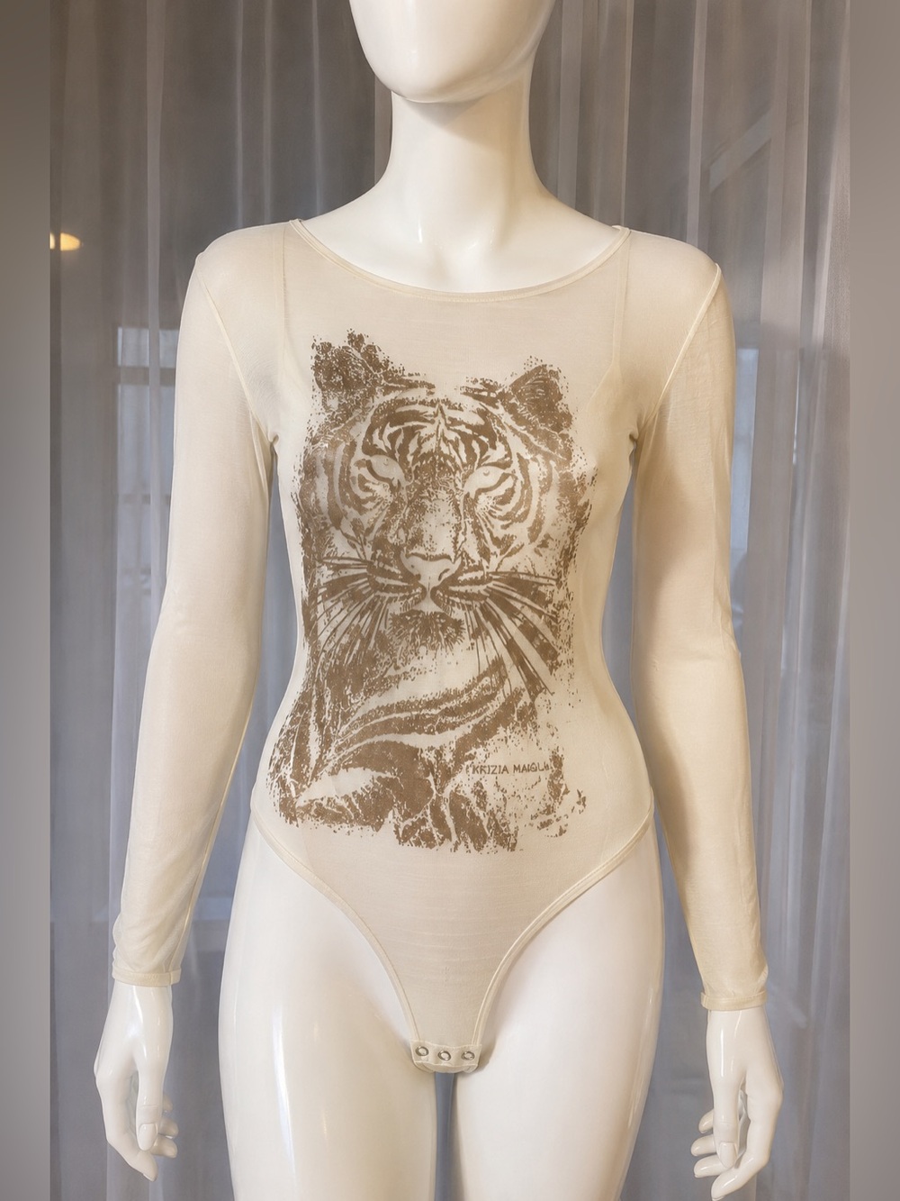 NWT Vintage Krizia Maglia Tiger Mesh Bodysuit Women’s Size 44 Cream Sheer Y2K